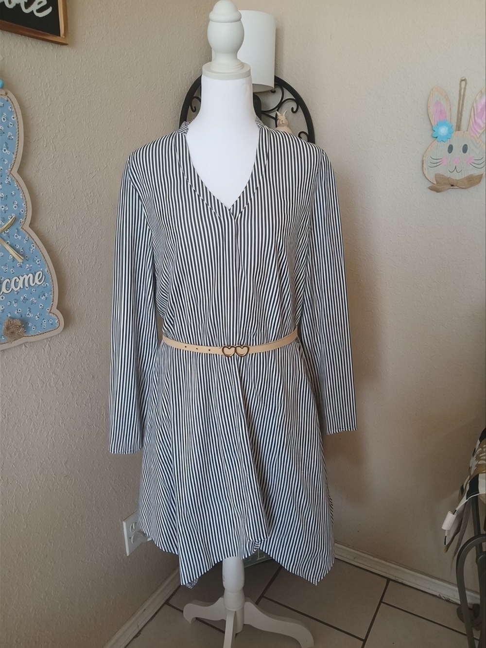 love, Fire Navy and White Striped Long-Sleeve V-Neck Dress with Tan Belt